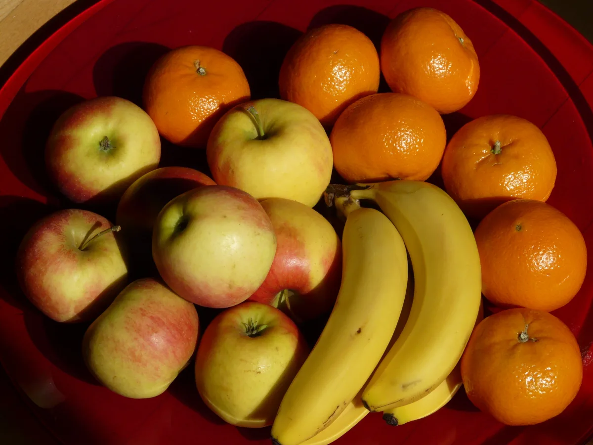 Appels, mandarijnen, sinaasappels en bananen samen in een fruitschaal.